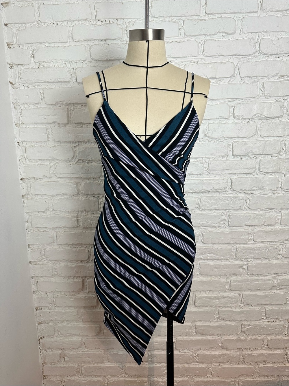 Revamped Teal & Black Striped Asymmetrical Wrap Dress